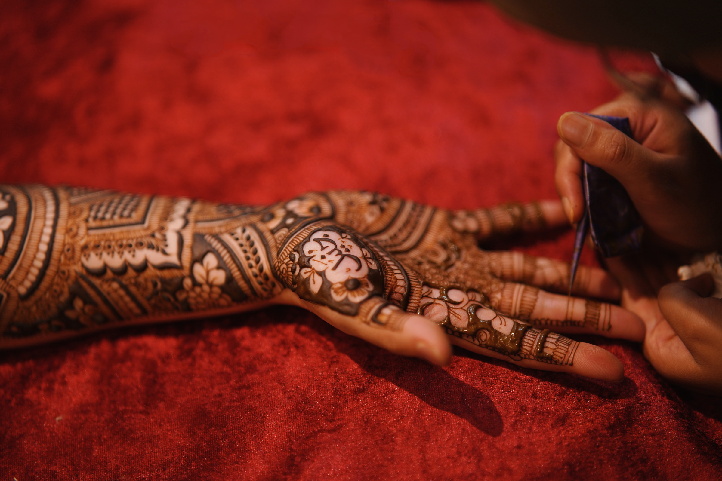 Detailed henna design on hand and arm